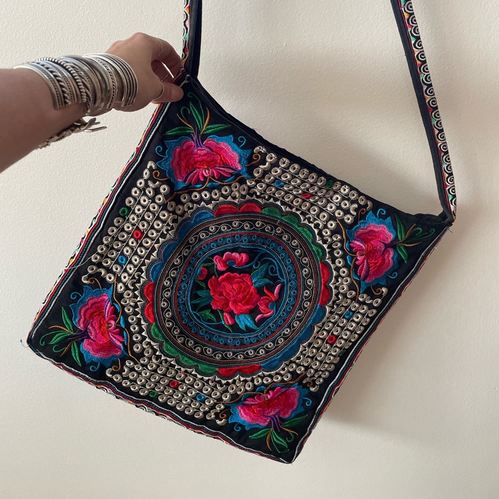 Beautiful, colorful, hand stitched cross body bag.